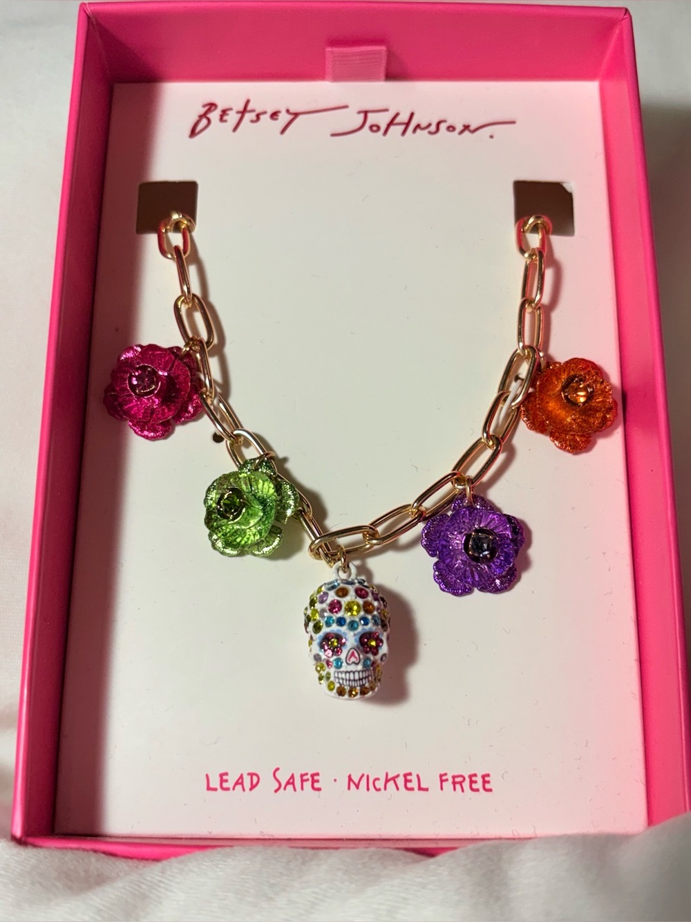 Betsey Johnson Gold Chain Necklace with Flower Charms & Sugar Skull NWT - Picture 2 of 5